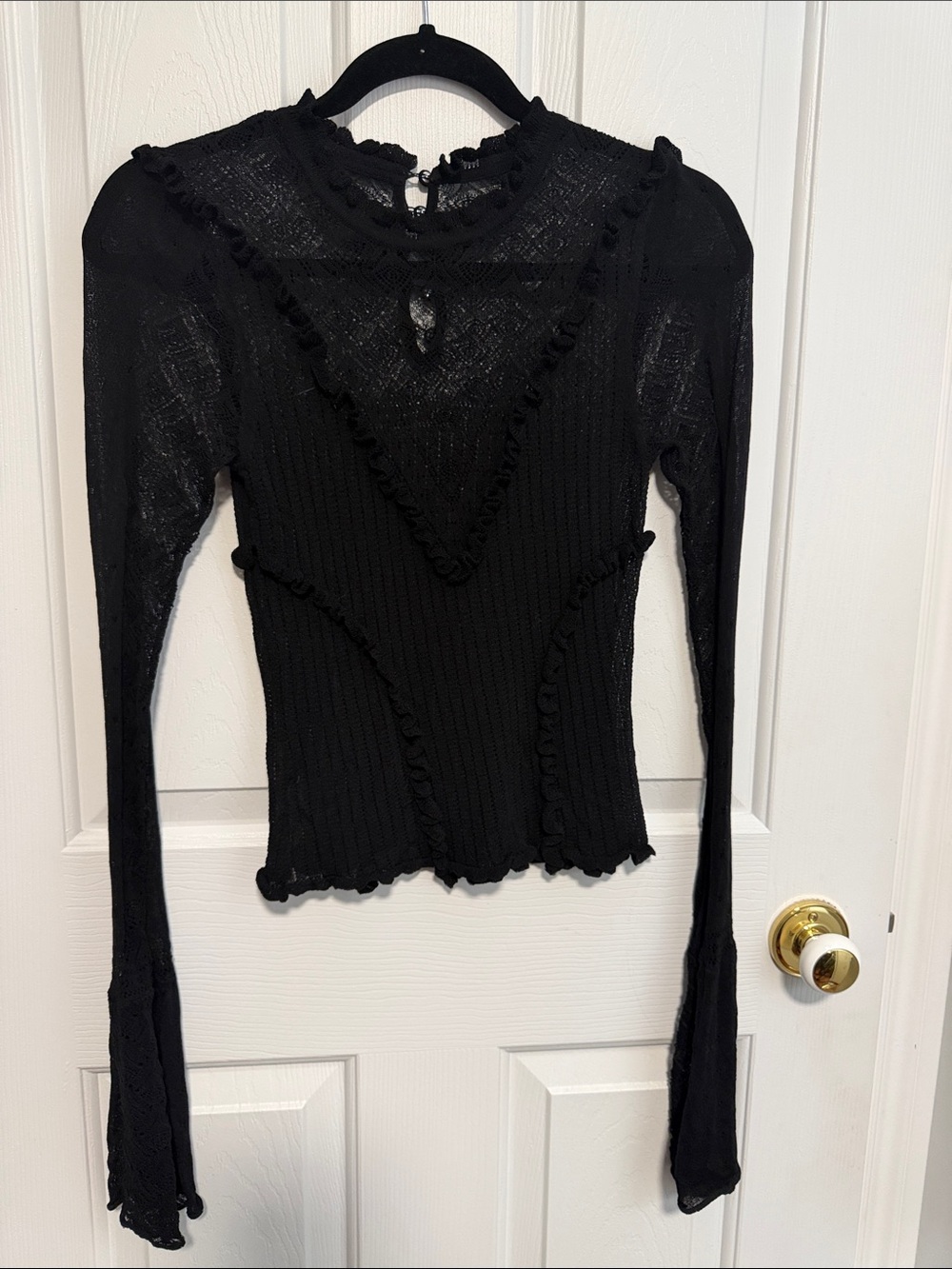 Black Long-Sleeve Ruffle Knit Top